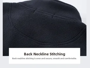 Detailed back neckline stitching on a navy fleece jacket showing high quality seams