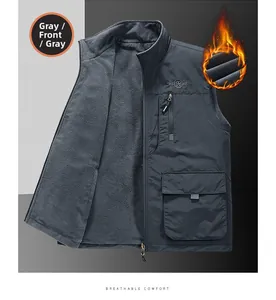 Detail of grey men's thermal vest showing fleece lining and utility cargo pockets