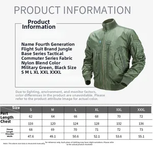 Size chart and measurement guide for the MA-1 tactical flight jacket in olive green nylon