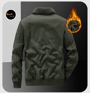 Rear view of dark green cargo jacket with lamb wool collar and ribbed cuffs