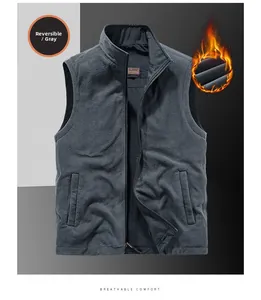 Detailed macro view of the grey fleece vest texture and reversible inner black fabric layer