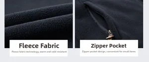 Detail of gray polar fleece texture and functional zipper pocket with leather pull