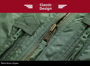 Close-up of vintage brass zipper and windproof nylon fabric on olive flight jacket