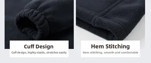 Close-up of elastic cuffs and reinforced hem stitching on a navy fleece outdoor jacket