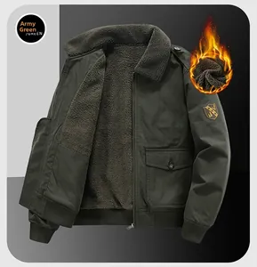 Detail view of military green winter bomber jacket with warm thick fleece lining