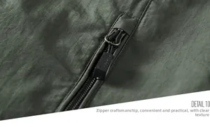 Macro detail of high-quality zipper pocket on men's olive green sports casual jacket