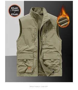 Detail of khaki outdoor vest showing warm fleece lining and functional multi-pocket design