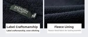 Detail of warm polar fleece lining and neck label on a thick winter jacket