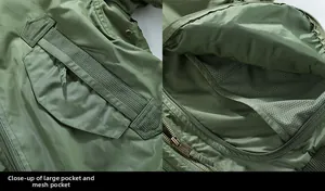 Detailed macro view of large utility pocket and breathable mesh lining of flight jacket