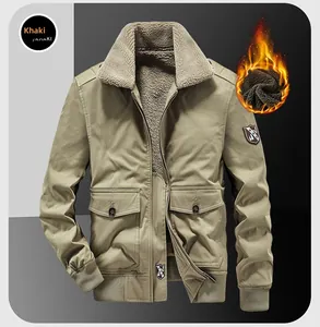 Detailed view of the khaki winter cargo jacket featuring thick lamb wool collar and inner lining