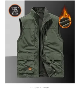 Close-up of army green tactical vest featuring warm fleece lining and functional pockets