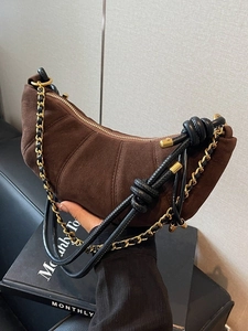 Vintage Suede Croissant Shoulder Bag For Women Half Moon Crossbody Bag With Knot Strap And Gold Chain Detail Fashion Handbag