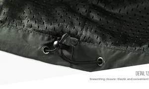 Detail view of adjustable hem with drawstring and breathable mesh lining on men's jacket