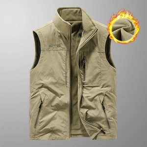 Men's reversible khaki fleece vest with windproof shell and multiple zipper pockets