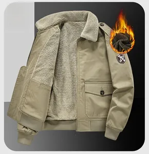 Detail of khaki fleece-lined bomber jacket showing thick lamb wool lining and arm patch