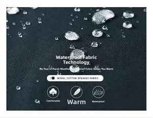 Macro detail of waterproof fabric showing water beads on padded winter jacket
