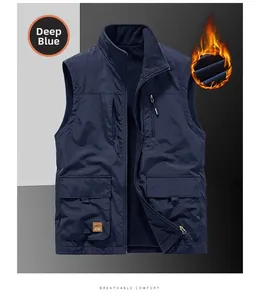 Detail view of navy blue fleece-lined tactical vest with multiple utility pockets