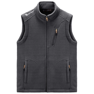 Men's dark gray fleece vest with standing collar and multiple zipper pockets