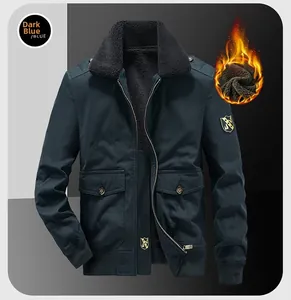 Detail of navy blue work jacket featuring warm black lamb fleece collar and large pockets