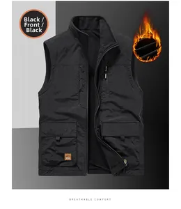 Detail of men's black fleece lined vest featuring utility pockets and thermal design