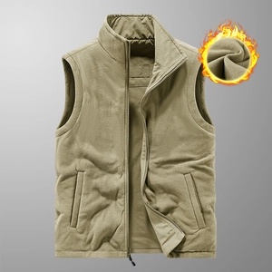 Men's reversible khaki fleece vest featuring a stand collar and high-density warm fabric