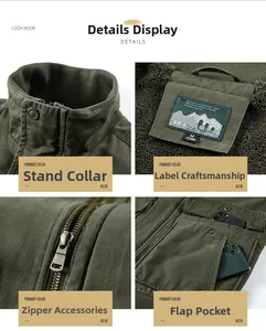 Dettagli della giacca cargo verde militare con collo alto, cerniera in metallo e tasche