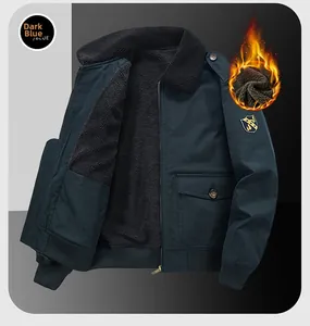 Detail of navy blue winter bomber jacket with black faux shearling collar and shoulder straps