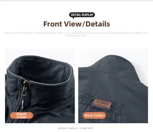 Detail of high collar with metal zipper and fleece lining on grey outdoor vest
