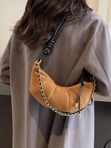 Brown suede croissant bag for women, retro half-moon shoulder bag with knot strap