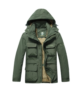 Detail of army green jacket showing thick fleece lining and functional cargo pockets