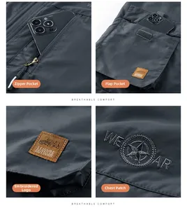 Detail of outdoor vest with zipper pockets, flap compartments and tactical embroidery