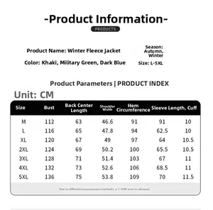 Detailed size chart for men's winter fleece jacket in khaki, military green and navy blue