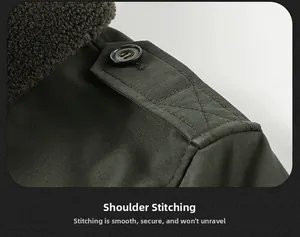 Detail of olive green jacket featuring shoulder straps with buttons and shearling collar