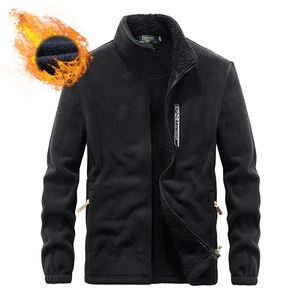Men's black outdoor fleece jacket with high collar and thermal lining for winter warmth