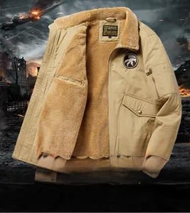 Detail view of khaki military pilot jacket with warm fleece lining and tactical pockets