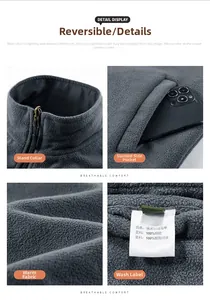 Close-up of dark grey fleece vest showing stand collar, zipper, and pocket details
