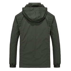 Men's casual hooded windbreaker in army green with breathable mesh lining and elastic cuffs
