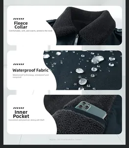 Detail showing waterproof fabric texture, fleece collar, and inner pocket of men jacket