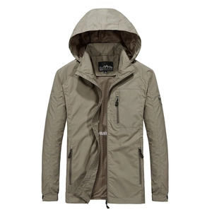 Men's casual outdoor windbreaker jacket in khaki green with detachable hood and mesh lining