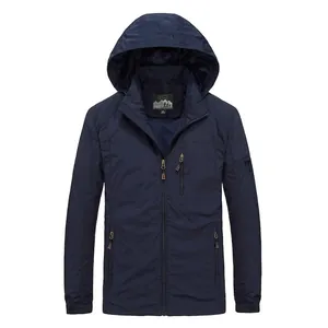 Men's navy blue hooded windbreaker jacket with zipper pockets and breathable mesh lining