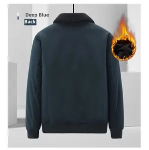 Detail view of dark blue fleece jacket back with warm inner lining and ribbed cuffs