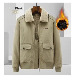 Detail of khaki winter jacket with plush fleece collar and durable twill cotton fabric