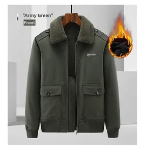 Detail of army green winter flight jacket with warm fleece collar and ribbed windproof cuffs