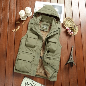 Detail of army green hooded fleece-lined outdoor jacket with utility multi-pockets design