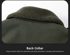 Detail view of the warm fleece collar on a green winter parka for men, ensuring comfort