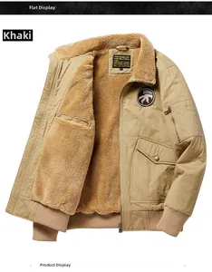 Detailed view of khaki winter flight jacket with warm shearling lining and utility pockets