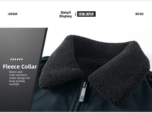 Detail of warm fleece lining on a men's heavy duty winter jacket collar with metal zipper