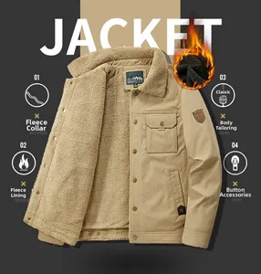 Detail of khaki jacket showing warm fleece lining, lapel collar, and buttoned chest pockets