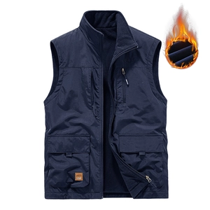 Men's navy multi-pocket tactical vest with warm fleece lining for outdoor activities