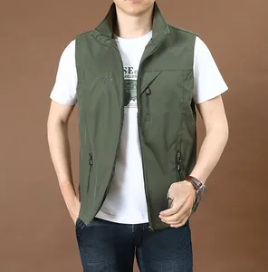 Detail of military green quick-dry vest featuring stand collar and zipper pockets